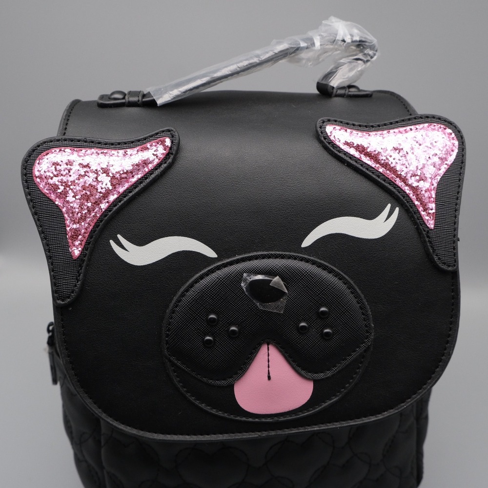 Betsey Johnson Pug Mini Backpack Black Quilted Heart Pink Glitter Dog Novelty - Picture 9 of 9